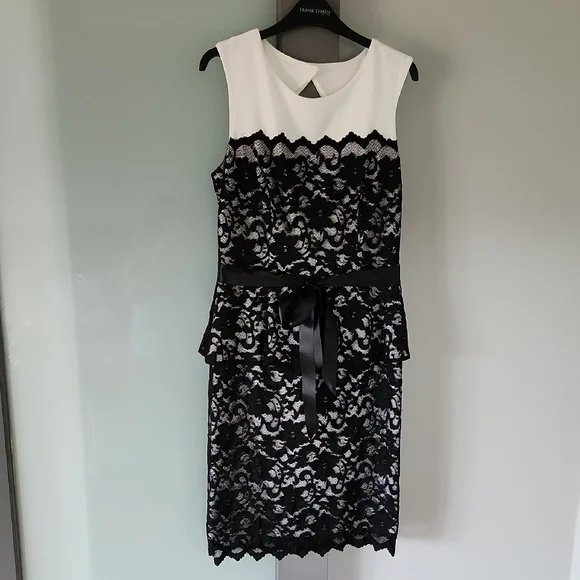 Frank Lyman Elegant Black And White Lace Dress With Keyhole Back - Picture 1 of 5